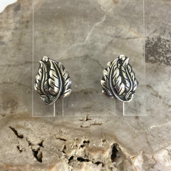 VTG Sterling Silver 925 Leaf Foliage Screwback Earrings - Picture 4 of 16